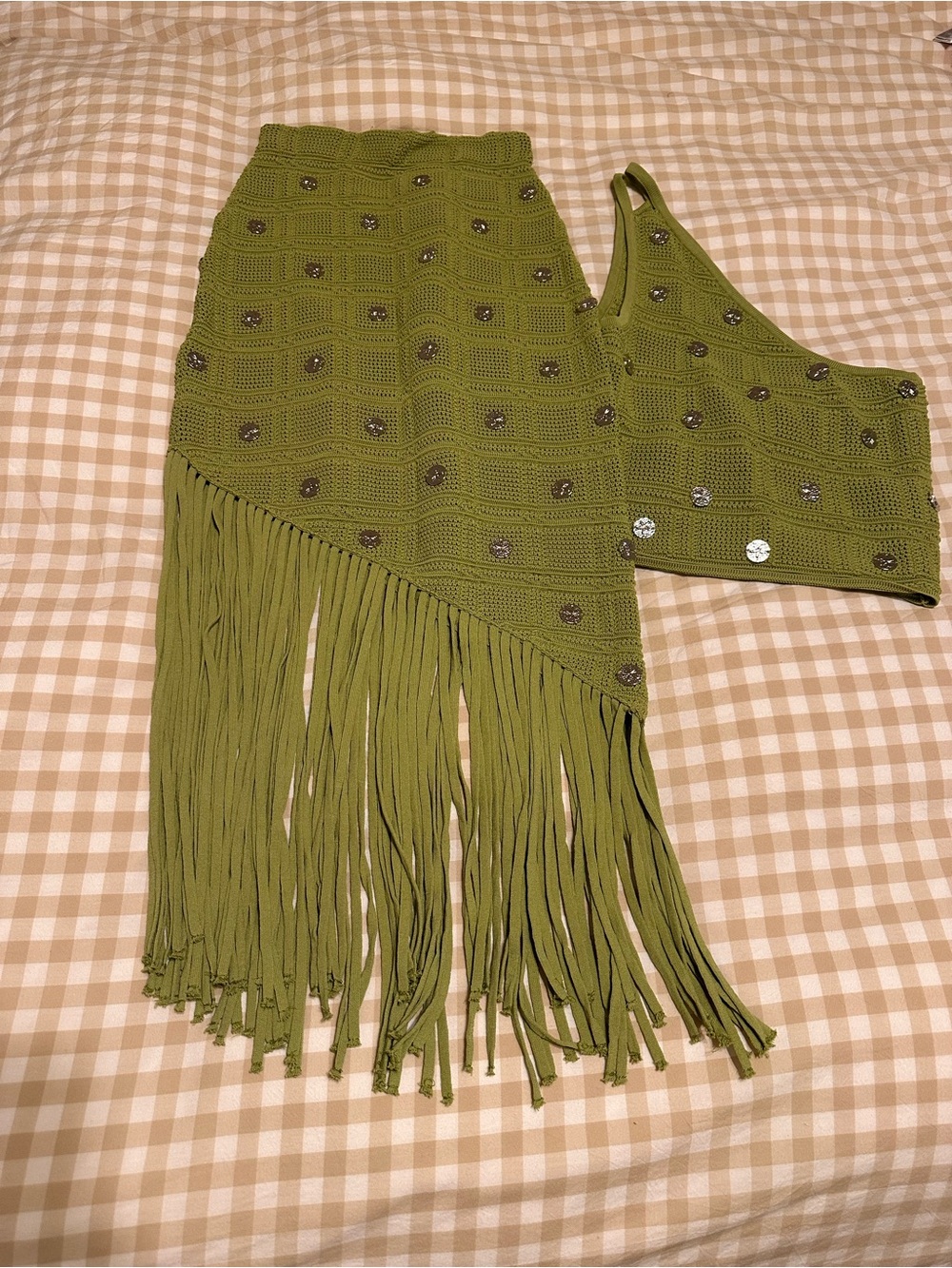 Source Unknown Olive Green Asymmetrical Crochet Fringe Dress Set - Picture 6 of 6